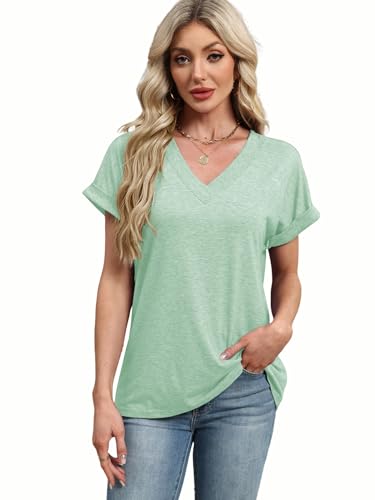 Image of EyMuse Womens Tshirts V Neck Solid Color Blouse Loose Fit Short Sleeve Tee 2026 Summer Casual Tops, Light Green,L-New