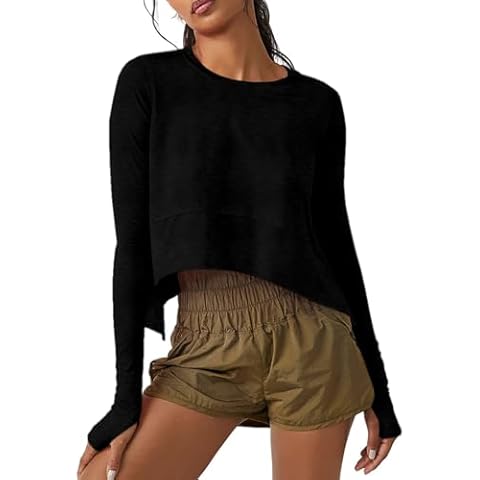 Aurgelmir Womens Long Sleeve Crop Tops Workout Tee Casual Loose Fit Athletic T-Shirts Thumb Hole Cropped Top 2024 Black Cover