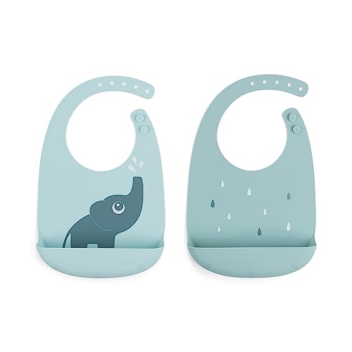 Image of Done by Deer Elphee Blue Silicone Bib 2-Pack - Waterproof, Adjustable, Easy Clean Bibs with Large Pocket
