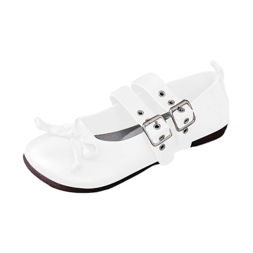 New Flats Mary Jane Flat Shoes for Women Ladies Leather Round Toe Bow Ballerinas Dolly Shoes with Double Buckle Straps #001_White Size 4.5