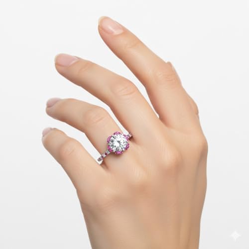 Image of 55Carat Choose Your Gemstone 6 Petal Ring Sterling Silver Round Shape Halo Engagement Rings Well Shaped for Any Gift Giving Occassion Modern Style Enchating Women US Size 4 to 12