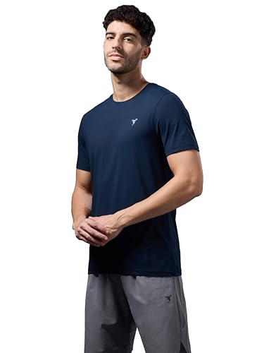Image of TECHNOSPORT Men's Slim Fit Solid Crew Neck T-Shirt, Cotflex Quick Dry Wrinkle Resistant Polyester Sports Tee for Gym, Running, Training, Sports