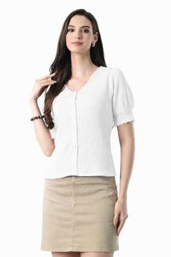 Image of Women V Neck Top with Button Front Puff Sleeves Crochet Lace Trim | Breathable Casual Blouse Shirt for Women | Summer Crop Top for Girls | Daily use Office College
