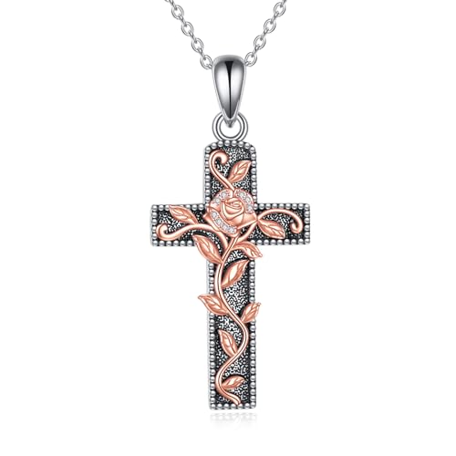 LUHE Women's Cross Necklace Sterling Silver Rose Flower Cross Pendant Necklace Rose Gold Jewelry Gifts for Women Girls