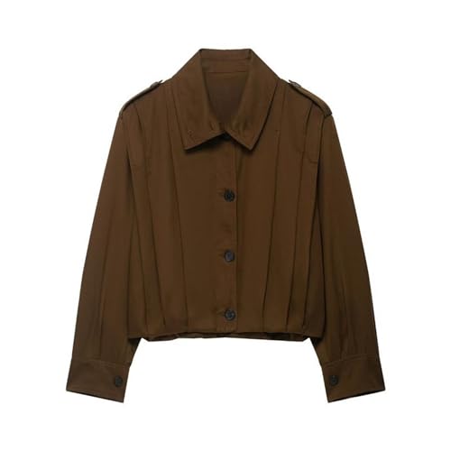 Xunger Women’s Vintage Pleated Jacket Lapel Collar Long Sleeve Button Down Solid Color Crop Trench Coat