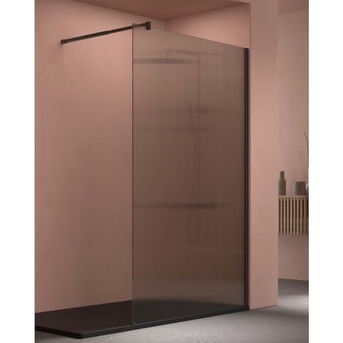 SoulBath Mampara de Ducha Panel Fijo, Fácil instalación Vidrio Translúcido Opaco Acanalado de Seguridad 8 mm antical, Facil instalación, 110 cm Ancho x 195 cm Alto, Perfil Negro Mate
