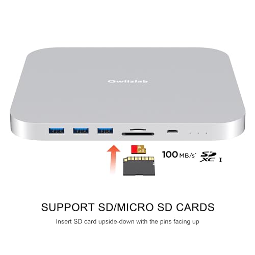 Image of Qwiizlab Mac mini Hub with Dual Drive Enclosure, Docking Station for Mac mini M2 /M1, Mac Studio M3 /M2 /M1, Type-C 10Gbps, Card Readers 104MB /s, Fits M.2 SATA NVMe SSD, 2.5'' HDD SSD (Silver)