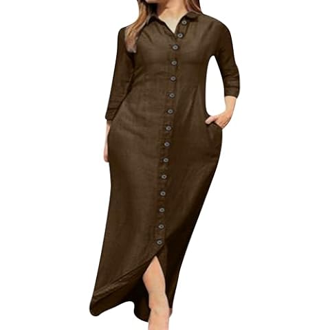 YMING Womens Solid Color Swimsuit Cover Up Casual Long Sleeve Shirt Dress Button Down Beach Long Dresses Solid Brown 3XL Cover