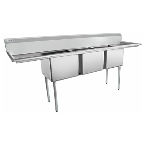 Image of EMPURA 94 inch Wide Stainless Steel Three Compartment Commercial Sink | Prep Utility 18 x 18 Bowl for Catering Laundry Garage | (2) 18 inch Drainboard, 9.75 inch Backsplash, 94 inchW x 23.5 inchD x 44.25 inchH, 18 Gauge, NSF
