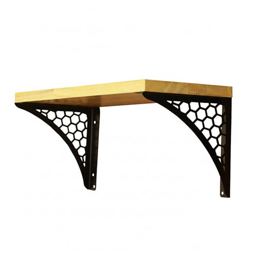 Image of Wall Shelf with Wooden Top Black|White Iron Brackets Storage Rack|Industrial Wall-Mounted Floating Shelf for Living Room,Kitchen,Bathroom (Black Hexagon Small)
