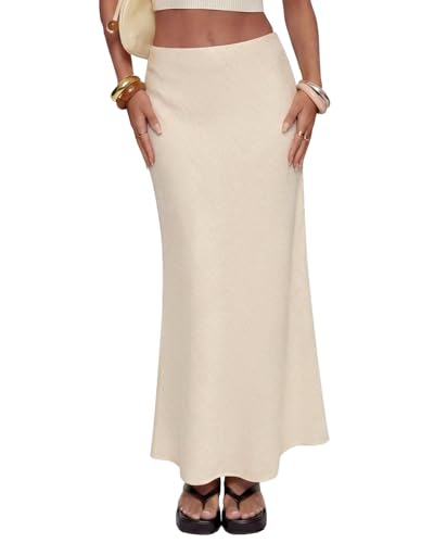 TEDDIFY Womens Linen Maxi Skirt Elastic High Waisted White Summer Casual Clothes Long Skirts for Women