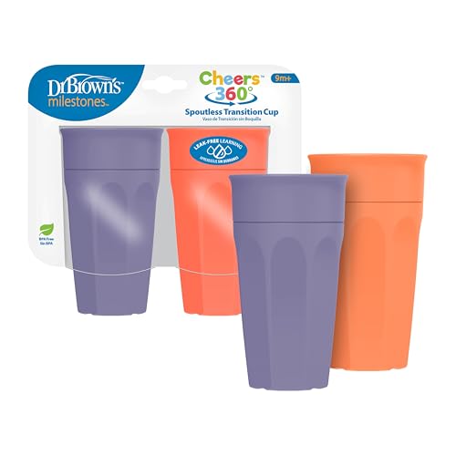 Dr. Brown's Milestones Cheers 360 Spoutless Transition Cup, Travel Friendly and Leak Free Sippy for Babies and Toddlers, Coral and Purple, BPA-Free, 10 oz/300 mL, 9m+