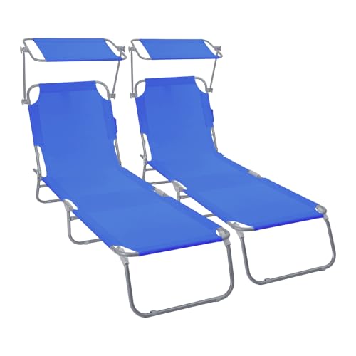 VOUNOT® Set di 2 Lettini Prendisole Pieghevole con Parasole, Sdraio da Spiaggia in Tessuto Poliestere Schienale Regolabile 4 Posizioni, Portata 120kg, per Giardino, Terrazza e Piscina, Blu