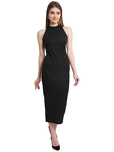 POPWINGS Casual Frauen Bodycon Schwarz Neckholder Lange Etuikleid, Schwarz, 38
