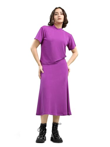 Image of PURVAJA Women's Short Sleeve Top with Skirt Solid Co-ords Set