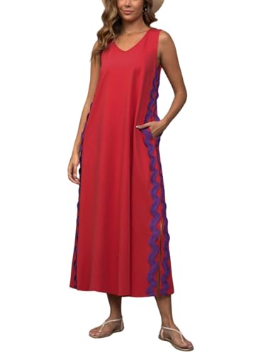 Image of utcoco Women's Summer Beach Boho Flowy Maxi Dress Casual Sleeveless V Neck Side Slit RIC Rac Tank Dress