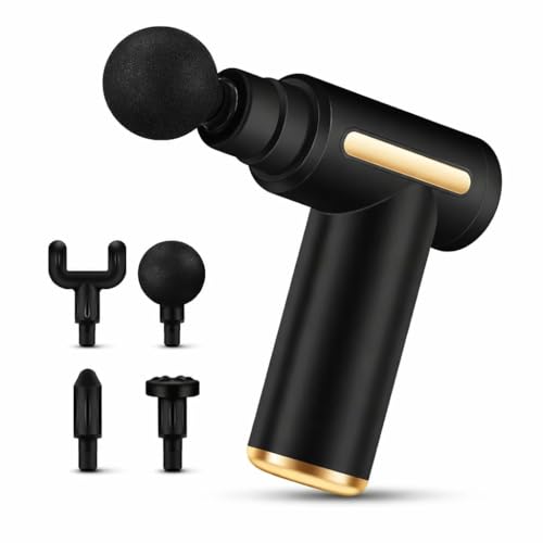 Image of Percussion Massage Gun, Black with Gold Accents, 5 Interchangeable Heads, Deep Tissue Muscle Recovery