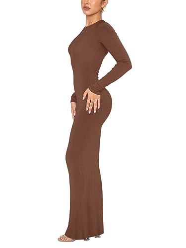 Image of REORIA Women's Sexy Crew Neck Lounge Long Dress Elegant Long Sleeve Ribbed Bodycon Maxi Dresses