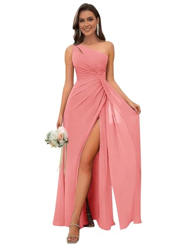 Image of OFEECHUN Women's Chiffon One Shoulder Bridesmaid Dresses Long Pleated Formal Evening Gowns with Slit