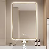 Espejo de baño LED dorado, espejo inteligente con luces infrarrojas con sensor de movimiento, antivaho, regulable y ajuste de temperatura de color, espejo de tocador montado en la pared con