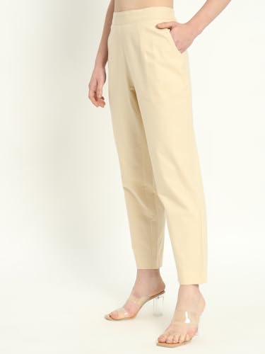 Image of Women's Solid Straight Fit 100% Cotton Trousers | High Waist, Side Pockets, Ankle Length Pants for Office, Casual