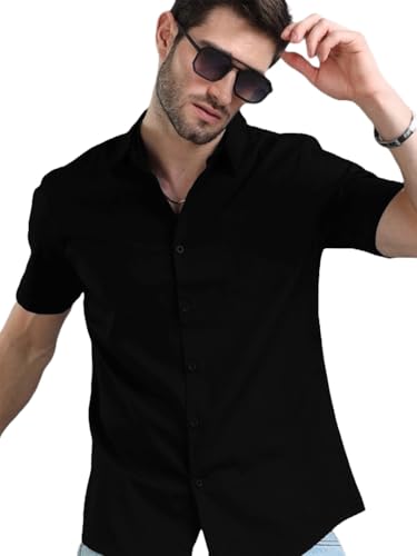 Image of LEOTUDE Men's Cotton Blend Solid Half Sleeve Slim Fit Shirt For Men