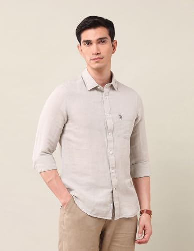 Image of U.S. Polo Assn. Men's Beige Solid Spread Collar Full Sleeve Casual Linen Tailored Fit Shirt