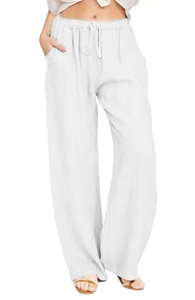 chouyatou Women's Summer Loose Drawstring Waist Beach Linen Wide Leg Pants Palazzo