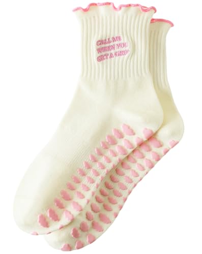 Image of Yawlsow Cute Pilates Grip Socks for Women Ruffle Frilly Yoga Socks Non Slip Cotton Crew Grippy Sock for Barre Workout