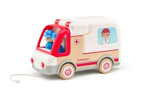 Woody Coche de juguete de ambulancia de madera con luz y sonido, incluye accesorios Woody Coche de juguete de ambulancia de madera con luz y sonido, incluye accesorios