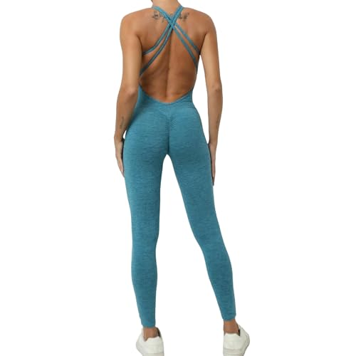 Mono sexy sin espalda ajustado con fruncido que levanta el trasero para mujer, mono de baile y fitness, traje de salto deportivo sin mangas con realce para yoga, negro-lago azul-S