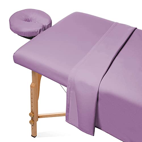 Parure de draps 3 pièces en microfibre pour table de massage - Drap-housse, drap plat et housse pour têtière (lavande)