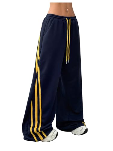 Women's Striped Baggy Track Pant Drawstring Waist Wide Leg Sweatpants Casual Trousers Streetwear