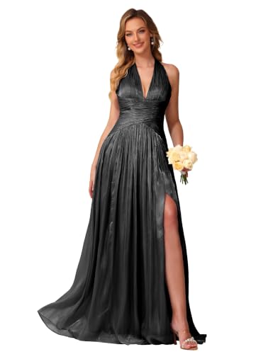 Image of Shimmer Chiffon Bridesmaid Dresses for Women Long | Deep V Neck,Pleated,Knotted,Empire Waist,with Slit,Breathable,Lightweight,Flowy,Formal Evening Dress