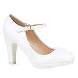  Damen Schuhe Pumps Mary Janes Veloursleder-Optik High Heels Blockabsatz 152431 Weiss Lack Lack 36 Flandell