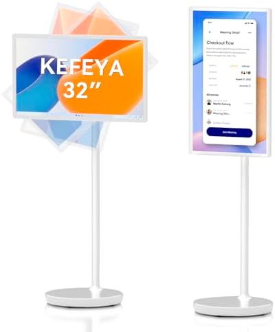 KEFEYA 32 Inch Smart TV - 1080P Rotating Smart Screen Monitor with Touch Display, 6GB RAM + 128GB Storage, Built-in 8-Hour Battery, Android 13 OS, TV on Wheels, Remote Control
