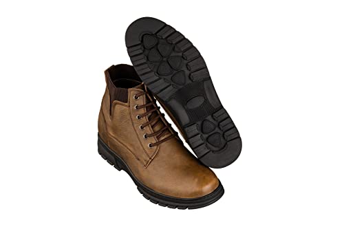 Image of TOTO Men's Invisible Height Increasing Elevator Shoes - Khaki Pebble Grain Leather Lace-up Work Boots - 2.8 Inches Taller - K84017 - Size 8 D(M) US