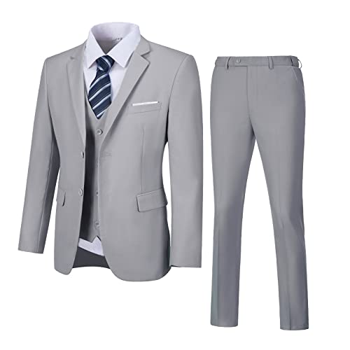 Men Suits 3 Pieces Suit Set Slim Fit Wedding Groomsmen Prom Dress Suit Tuxedo Formal Business Suit Jacket Vest Pants Gray-M