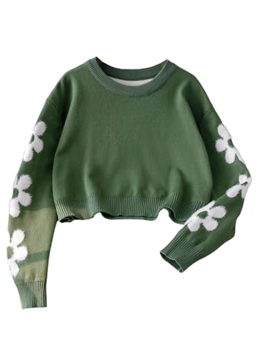 Image of BEAUDRM Girl's Cute Bow Sweater Crew Neck Long Sleeve Drop Shoulder Loose Pullover Tops
