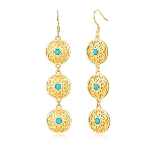 Dikixe Bohemian Floral Filigree Gold Plated Turquoise Long Tassel Drop