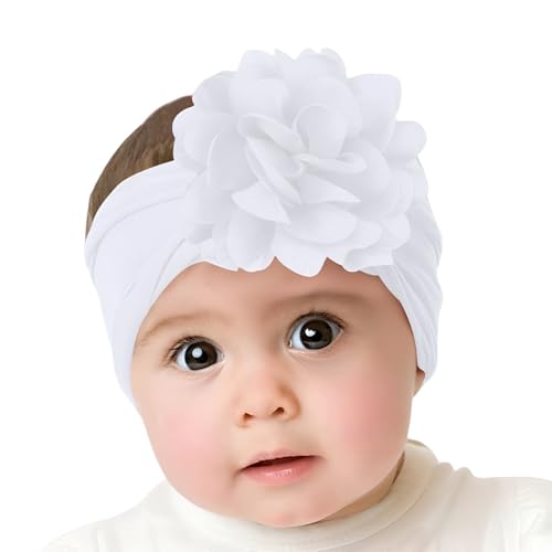 Image of SYGA Baby Headbands Nylon Flower Soft Stretchable Hairband for Newborn Infant Toddler Kids For 0-3 Year - White