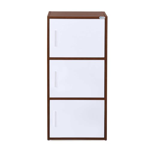 Image of Nilkamal Sear 3 Tier Wooden Storage Cabinet | Free Standing Book Shelf with 3 Doors & 3 Spacious Shelves | Engineered Wood | Organizer for Home & Office | Classic Walnut & White | DIY(Do It Yourself)