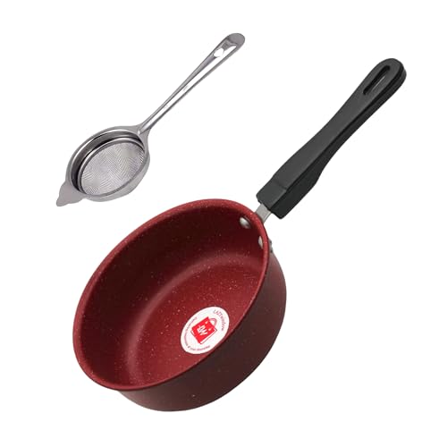 Image of LAZYwindow Baby Sauce Pan /Fry Pan 17cm with Tea Strainer, Maroon | Fine-mesh strainer allows quick filtering for tea and beverages