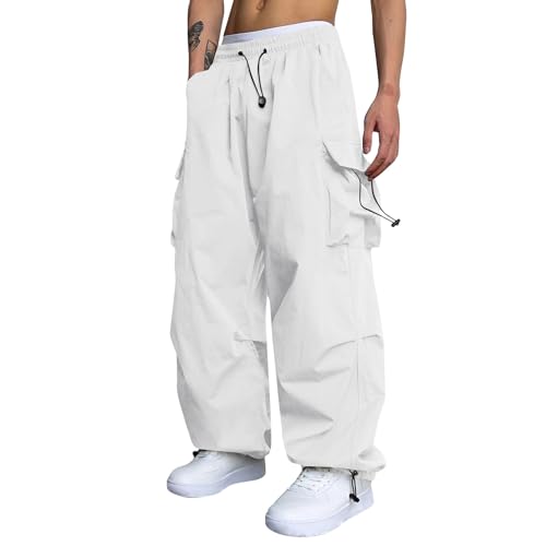 GOFULY Cargo Pants for Men Work Drawstring Elastic Waist Hip Hop Parachute Sweatpants with Multi Pockets Athletic Trousers