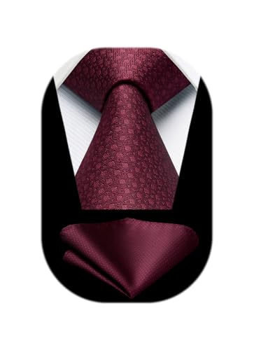 HISDERN Krawatten Weinrot Herren Hochzeit Krawatte mit Einstecktuch Klassisch Business Krawatte & Taschentuch Set