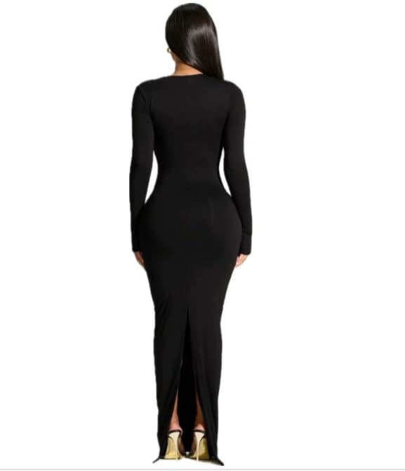 Women's 2024 Fall Long Sleeve Slant Neck Slimming Back Split Fashion Dresses Midi Dress4