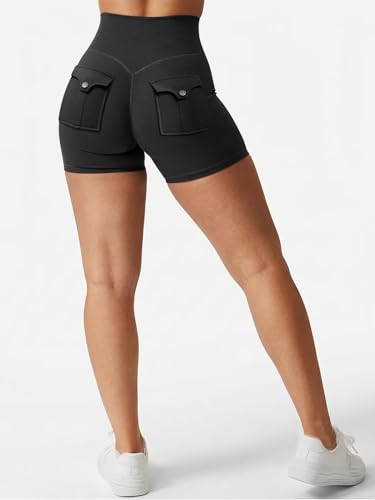 Flamingals Workout Shorts for Women with Cargo Pockets High Waisted Tummy Control Hidden Scrunch 4\" Gym Yoga Biker Shorts Black M