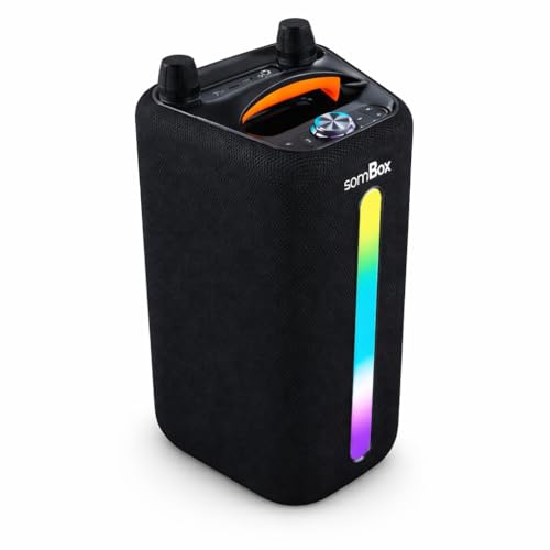 Caixa de Som somBox Portátil 100W RMS Graves Potentes RGB Bluetooth 5.3, USB e AUX, Bateria Longa Duração com 2 Microfones sem Fio para Festas, Karaoke e Uso Externo