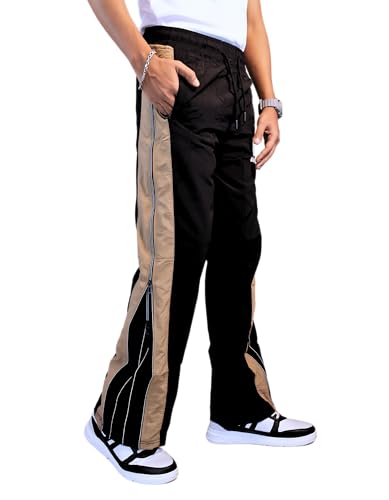 Image of Men's Track Pants, Loose Fit Bootcut Style, Black with Beige Side Stripe,Sports Track Pant for Men | Track Pant Men | Men Stylish Track Pant Boot Cut Style