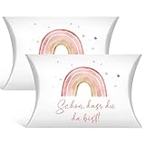 50 Stück Gastgeschenke Kommunion Konfirmation Taufe - Schön dass du da bist Pillow Box Kraftpapier Geschenkboxen Set inkl. Juteschnur - Boho Regenbogen Design für Gäste zur Feier